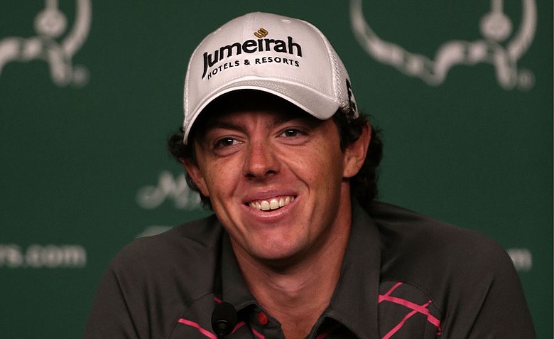 Rory McIlroy of Northern Ireland speaks to the media during a practice round prior to the start of the 2012 Masters Tournament at Augusta National.