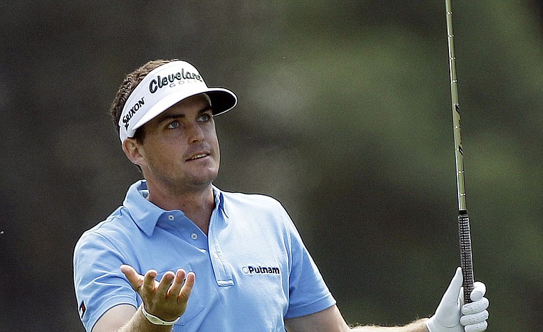 Keegan Bradley reacts to his second shot on the first fairway during the second round the Masters.