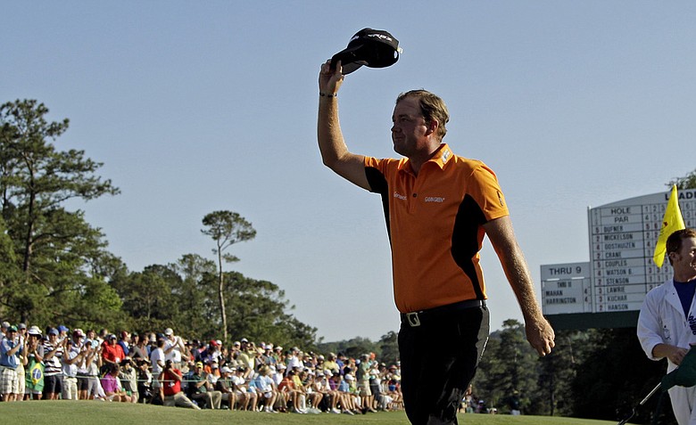 Peter Hanson acknowledges the crowd during the third round of the Masters.
