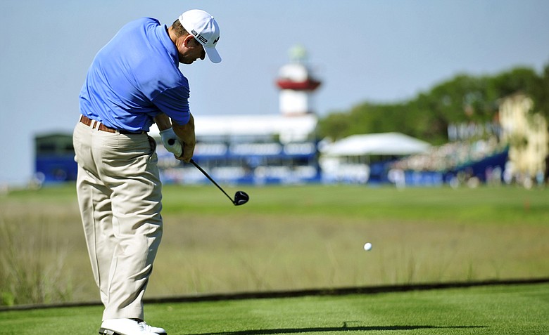Chad Campbell hits off the 18th tee during the first round of the Heritage.