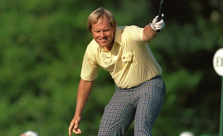 Jack Nicklaus watches his putt drop for a birdie on the 17th hole at Augusta National on April 13, 1986 in Augusta, Ga. The shot gave him the lead and he went on to win his sixth Masters title.
