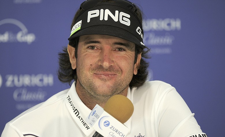 Bubba Watson is interviewed in the media center during practice for the Zurich Classic of New Orleans at TPC Louisiana.