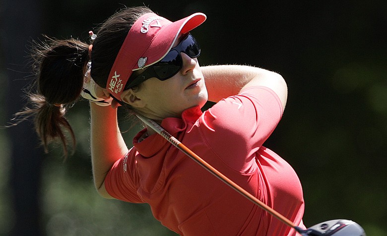 Sandra Gal, of Germany, tees off on the 10th hole during the first round of the Mobile Bay LPGA Classic.
