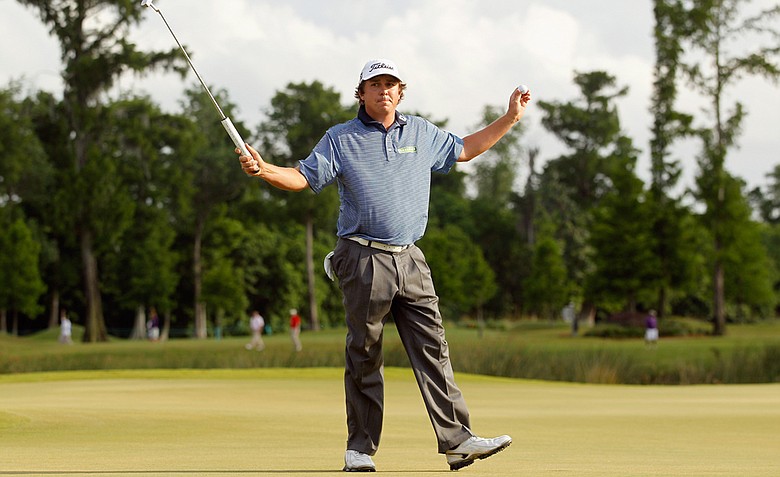 Jason Dufner celebrates after defeating Ernie Els in a two hole playoff to win the final round of the Zurich Classic of New Orleans at TPC Louisiana.