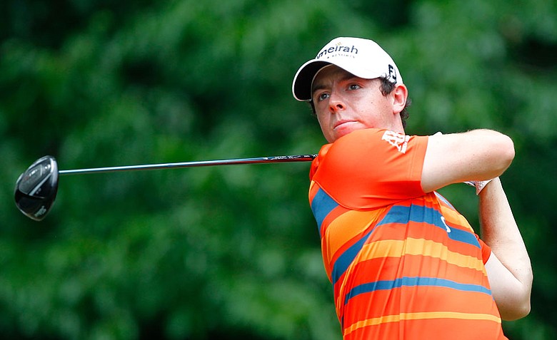 Rory McIlroy of Northern Ireland hits his tee shot on the fifth hole during the third round of the Wells Fargo Championship.