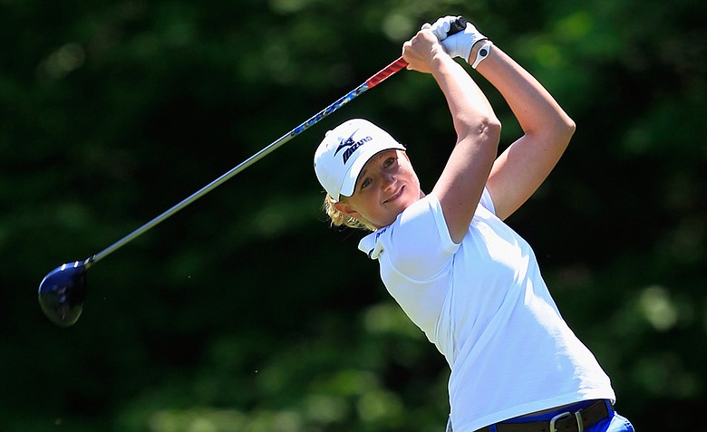 Stacy Lewis hits her tee shot on the second hole in the second round of the Sybase Match Play Championship at Hamilton Farm Golf Club.