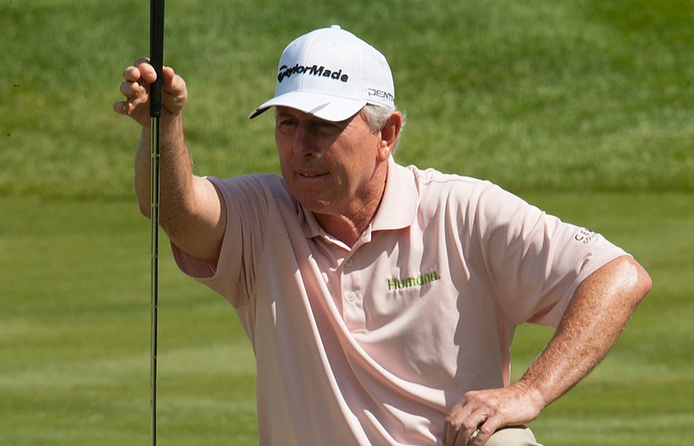Hale Irwin reads his putt on 18 during the second round of play at the 73rd Senior PGA Championship, presented by KitchenAid held at Harbor Shores in Benton Harbor, Michigan, USA, on Friday, May 25, 2012.