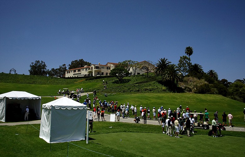 View of the clubhouse from the 10th tee during the 2012 NCAA Championship at Riviera Country Club in Pacific Palisades, Calif.