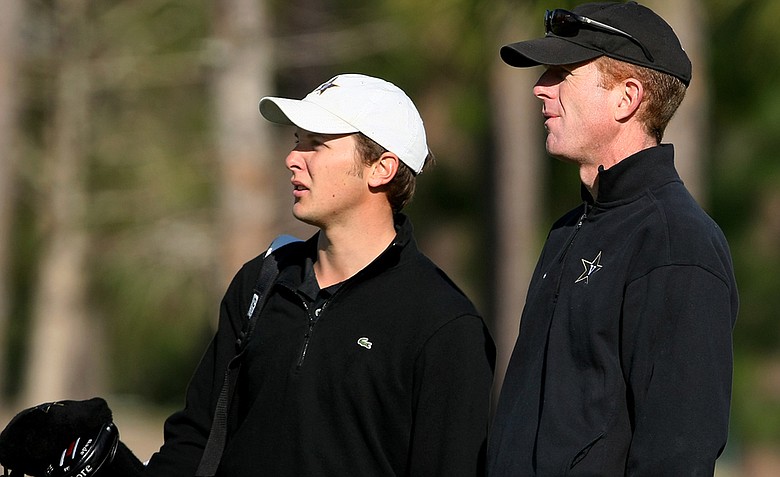 Head coach Tom Shaw (right) with Vanderbilt's Tyler Matthews during the Rio Pinar Invitational at Rio Pinar Country Club.