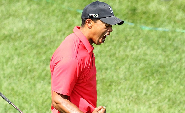 Tiger Woods celebrates after chipping in for birdie on the par 3 16th hole during the final round of the Memorial Tournament presented by Nationwide Insurance at Muirfield Village Golf Club on June 3, 2012 in Dublin, Ohio.