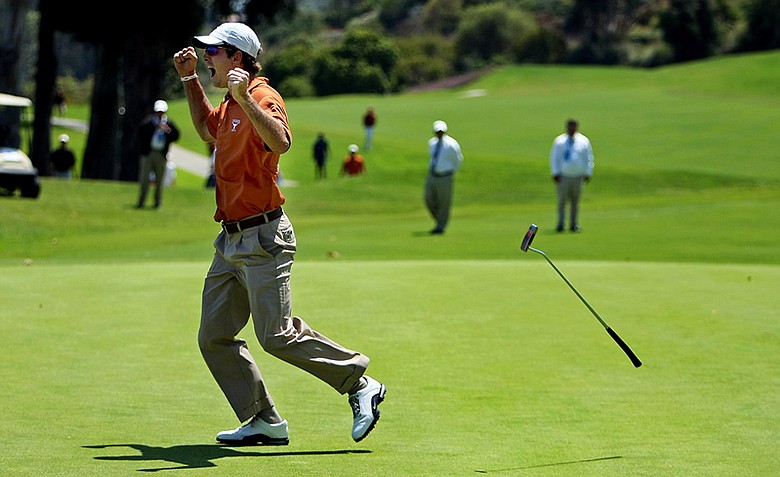 Dylan Frittelli celebrates after sinking his putt at No. 18 during the finals of match play at the 2012 NCAA Championship. Texas defeated Alabama for the National Championship.
