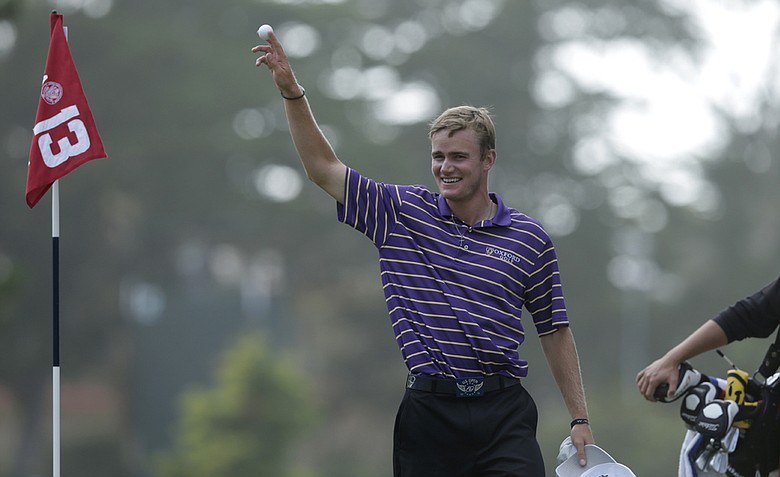 John Peterson reacts to an ace at Olympic Club's 13th.