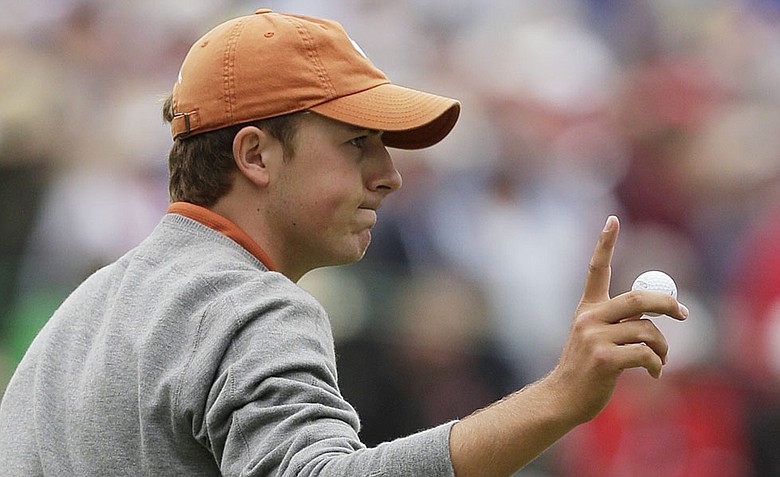 Jordan Spieth reacts on the seventh hole during the fourth round of the U.S. Open Championship.