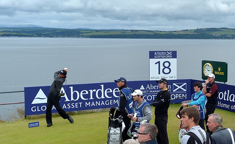 Phil Mickelson tees off during the second round of the Scottish Open at Castle Stuart Golf Links.