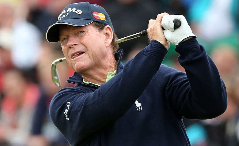 Tom Watson hits his tee shot on the fifth hole during the second round of the 141st Open Championship at Royal Lytham & St. Annes Golf Club.