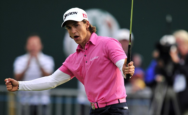 Thorbjorn Olesen reacts after making a birdie putt on the 18th green during the second round of the 2012 Open Championship at Royal Lytham and St. Annes.