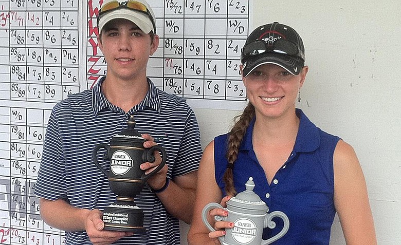 Patrick Albanesi, left, and Isabel Southard won their respective divisions at the Golfweek New England Junior on Tuesday at Blue Hill Country Club.