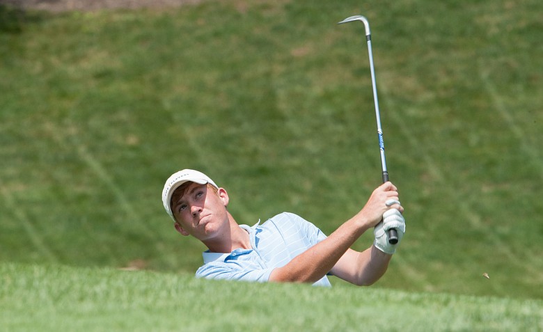 Robby Shelton watches a shot on the 17th hole during the third round of the 37th Junior PGA Championship at Sycamore Hills Golf Club in Fort Wayne, Indiana on Thursday, August 02, 2012.