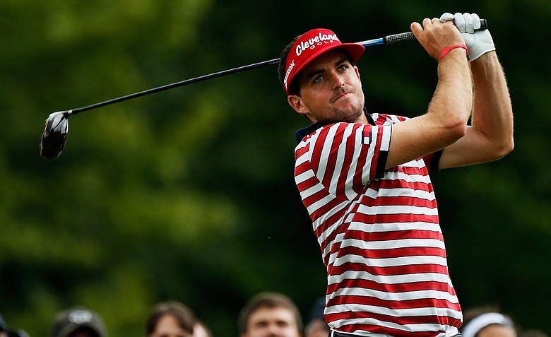 Keegan Bradley plays his shot from the eighth tee during the final round of the WGC-Bridgestone Invitational at Firestone Country Club.