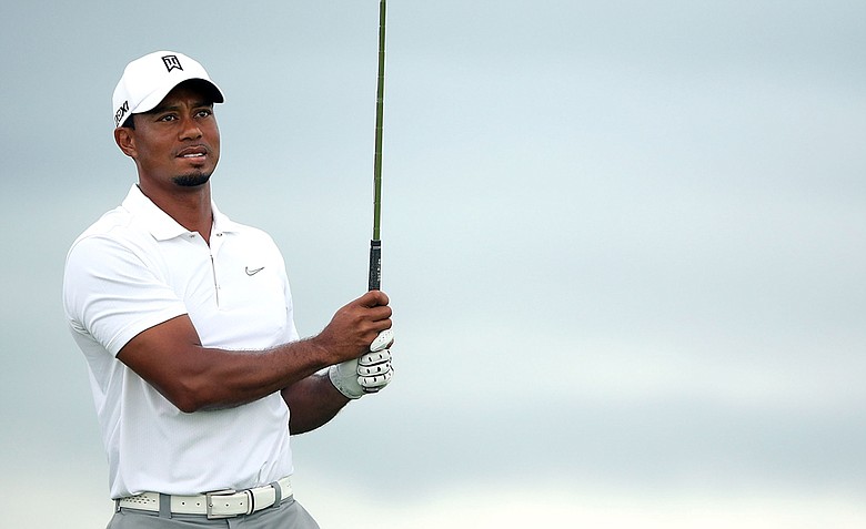 Tiger Woods hits a shot during a practice round of the 94th PGA Championship at the Ocean Course.