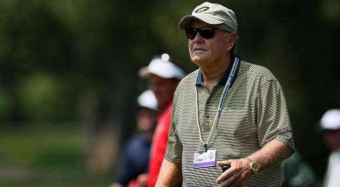 Jack Nicklaus watches his son Gary Nicklaus from the sidelines at No. 9 during the 112th U. S. Amateur Championship at Cherry Hills Country Club in Colorado.