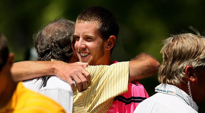 Steven Fox celebrates after defeating Brandon Hagy for a spot in the U.S. Amateur final.