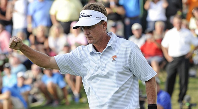 Willie Wood celebrates after winning the Dick’s Sporting Goods Open in a one-hole playoff at En-Joie Golf Course.