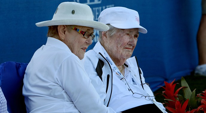 LPGA Founders Shirley Spork (left) and Louise Suggs during the 2012 RR Donnelley Founders Cup.