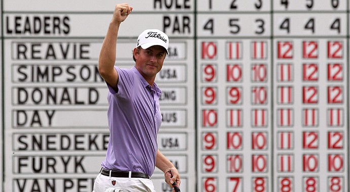 Webb Simpson reacts after he made a putt for birdie on the 18th hole during the final round of the Deutsche Bank Championship at TPC Boston on September 5, 2011 in Norton, Massachusetts. Simpson would make another birdie at 18 in the first hole of a playoff, followed by a dramatic birdie on the second playoff hole to win the title.