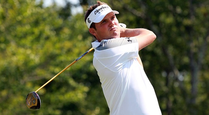 Jeff Overton tees off on the 17th hole during the first round of the Deutsche Bank Championship at TPC Boston.
