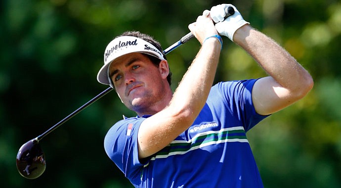 Keegan Bradley tees off on the 18th hole during the second round of the Deutsche Bank Championship at TPC Boston.