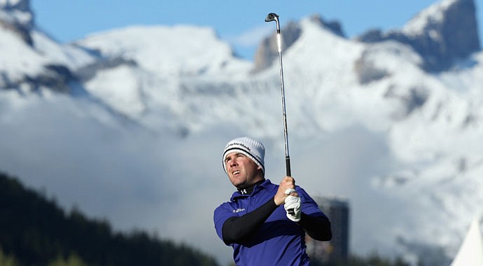 Richie Ramsay of Scotland plays into the 17th green during the third round of the Omega European Masters at Crans-sur-Sierre Golf Club.