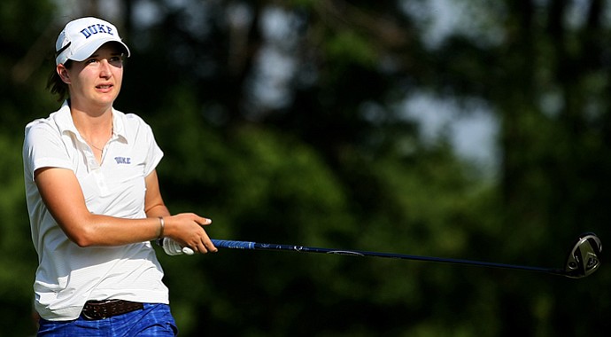 Duke's Lindy Duncan watches her tee shot at No. 8 on Thursday at the 2012 NCAA Division I Women's Golf Championships. Duke is T11 after three rounds.