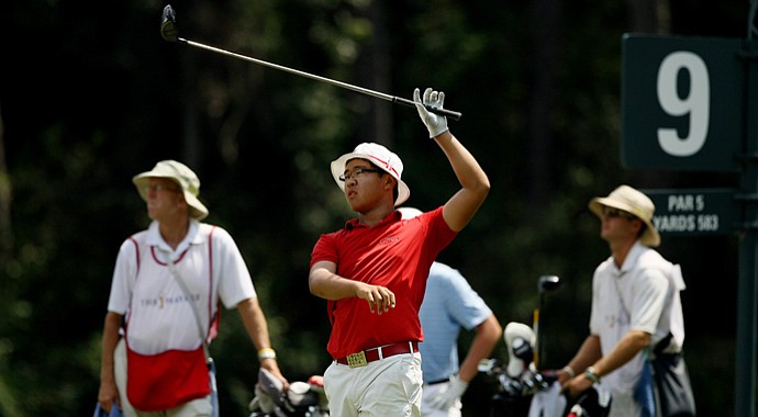 Jim Liu lets go of his club as he watches his tee shot at No. 9 during the final round of the TPC Junior Players at TPC Sawgrass The Players Stadium.