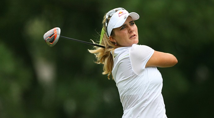 Lexi Thompson hits her tee shot on the ninth hole during the first round of the Kingsmill Championship.