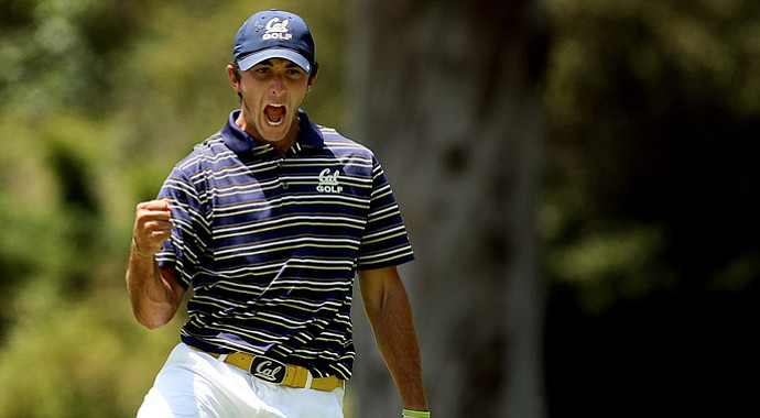 California's Max Homa reacts to winning his match of Alabama's Justin Thomas during semifinals of Match Play at the 2012 NCAA Championship. California failed to advance to the finals.