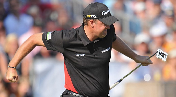 Peter Hanson celebrates making his eagle putt on the 18th hole during the final round of the KLM Open.