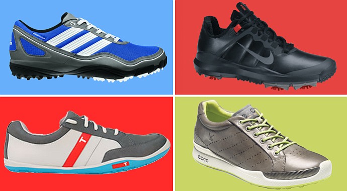 "Natural-motion" footwear transformed the running-shoe market. It could have a major impact in golf, too. Some examples (clockwise, from top left): Adidas Puremotion, Nike TW '13, Ecco Biom Hybrid and True Phx.