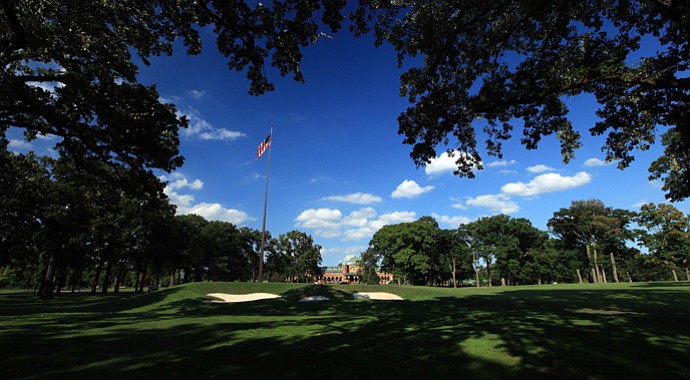 A view of the green on the 449 yards par-4 18th hole with the clubhouse behind on the No. 3 Course, the venue for the 2012 Ryder Cup at Medinah Country Club.