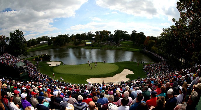 Fans watch the play on the 17th hole during the fourth preview day of The 39th Ryder Cup at Medinah Country Club on September 27, 2012 in Medinah, Illinois.