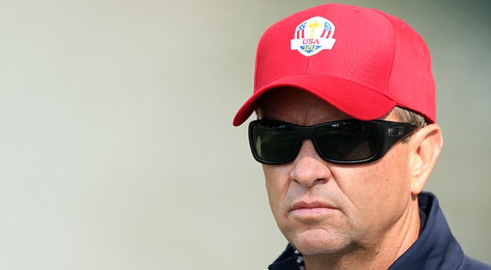 USA captain Davis Love III watches Friday's Ryder Cup action.