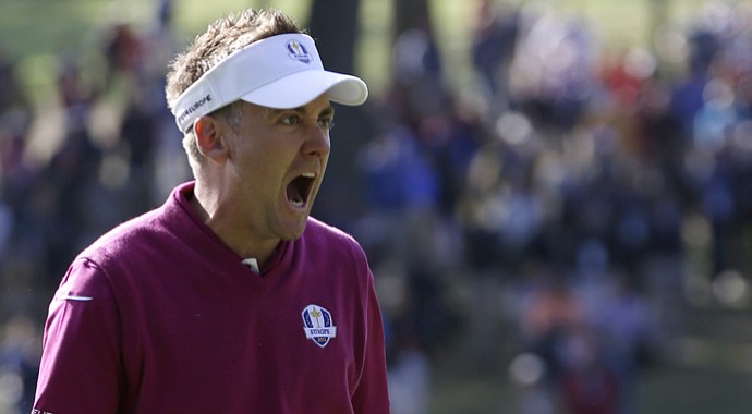 Europe's Ian Poulter reacts after making a birdie putt to win the 12th hole during a foursomes match at the Ryder Cup PGA golf tournament Saturday, Sept. 29, 2012, at the Medinah Country Club in Medinah, Ill.