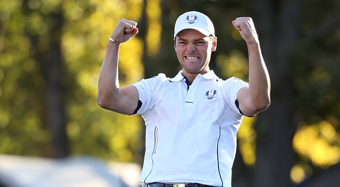 Martin Kaymer of Europe celebrates after holing the decisive putt on the 18th green.