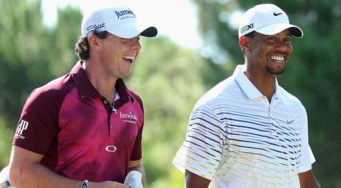 Rory McIlroy and Tiger Woods share a joke on Day 3 of the Turkish Airlines World Golf Final.
