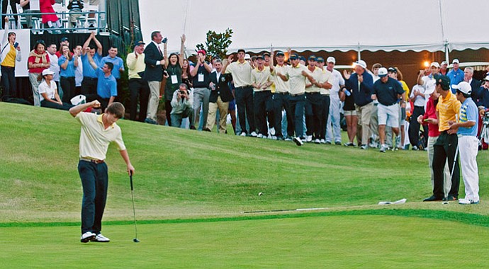 Georgia Tech's Ollie Schniederjans celebrates after burying an eagle putt on the 18th hole to propel the Yellow Jackets to a victory at the U.S. Collegiate.