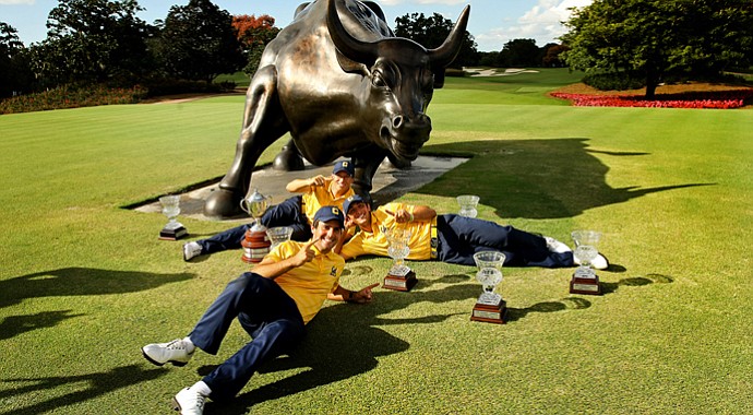 Cal's Joel Stalter, Max Homa and Brandon Hagy pose with the hardware after winning their fifth tournament of the fall season at Isleworth Collegiate Invitational.