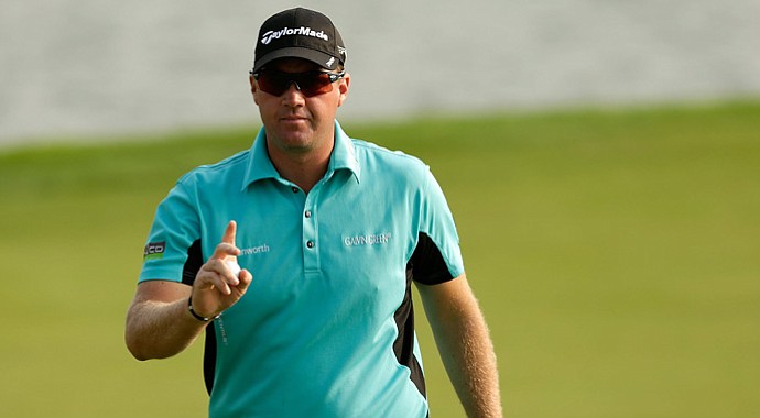 Peter Hanson celebrates a birdie on the 13th hole during the second round of the BMW Masters.