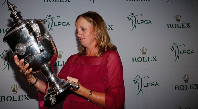 Stacy Lewis admires her Rolex 2012 Player of the Year trophy at the LPGA Rolex Awards Celebration at the Ritz-Carlton Resort on November 16, 2012 in Naples, Florida.