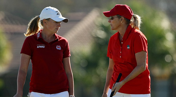Stacy Lewis, left, and Betsy King, right, won money for their charities by winning the ISPS Handa Heroes, a nine-hole, made-for-TV charity event honoring golf philanthropist Dr. Haruhisa Handa, Monday, Nov. 19 at TwinEagles Golf Club in Naples, Fla.