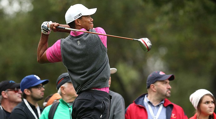 Tiger Woods hits his tee shot on the second hole during the second round of the Tiger Woods World Challenge.